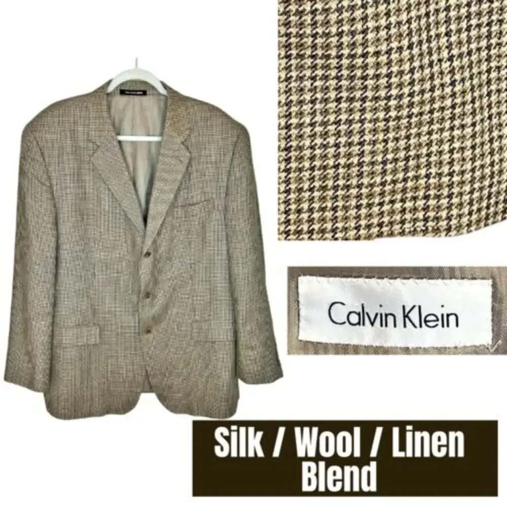 Calvin Klein Houndstooth Sport Coat 46R Brown‎ Tan Silk Wool Linen Blazer Jacket